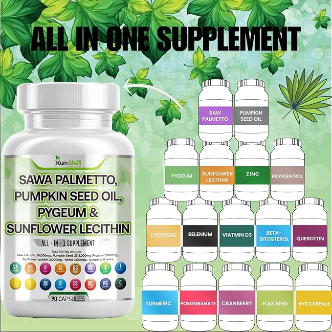 Saw Palmetto 10000mg + Pumpkin Seed, Pygeum, Sunflower Lecithin, Stinging Nettle, Cranberry - for Men with Lycopene - Pack of 2 (120 Caps)