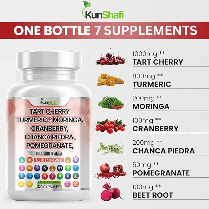 Tart Cherry Extract Capsules 20,000mg with Turmeric 8000mg Moringa 4000mg Cranberry 2000mg Chanca Piedra Celery Quercetin ACV Pomegranate L Selenomethionine - Uric Levels - 120 Ct