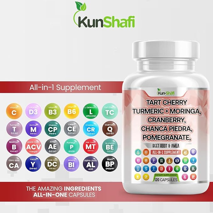 Tart Cherry Extract Capsules 20,000mg with Turmeric 8000mg Moringa 4000mg Cranberry 2000mg Chanca Piedra Celery Quercetin ACV Pomegranate L Selenomethionine - Uric Levels - 120 Ct