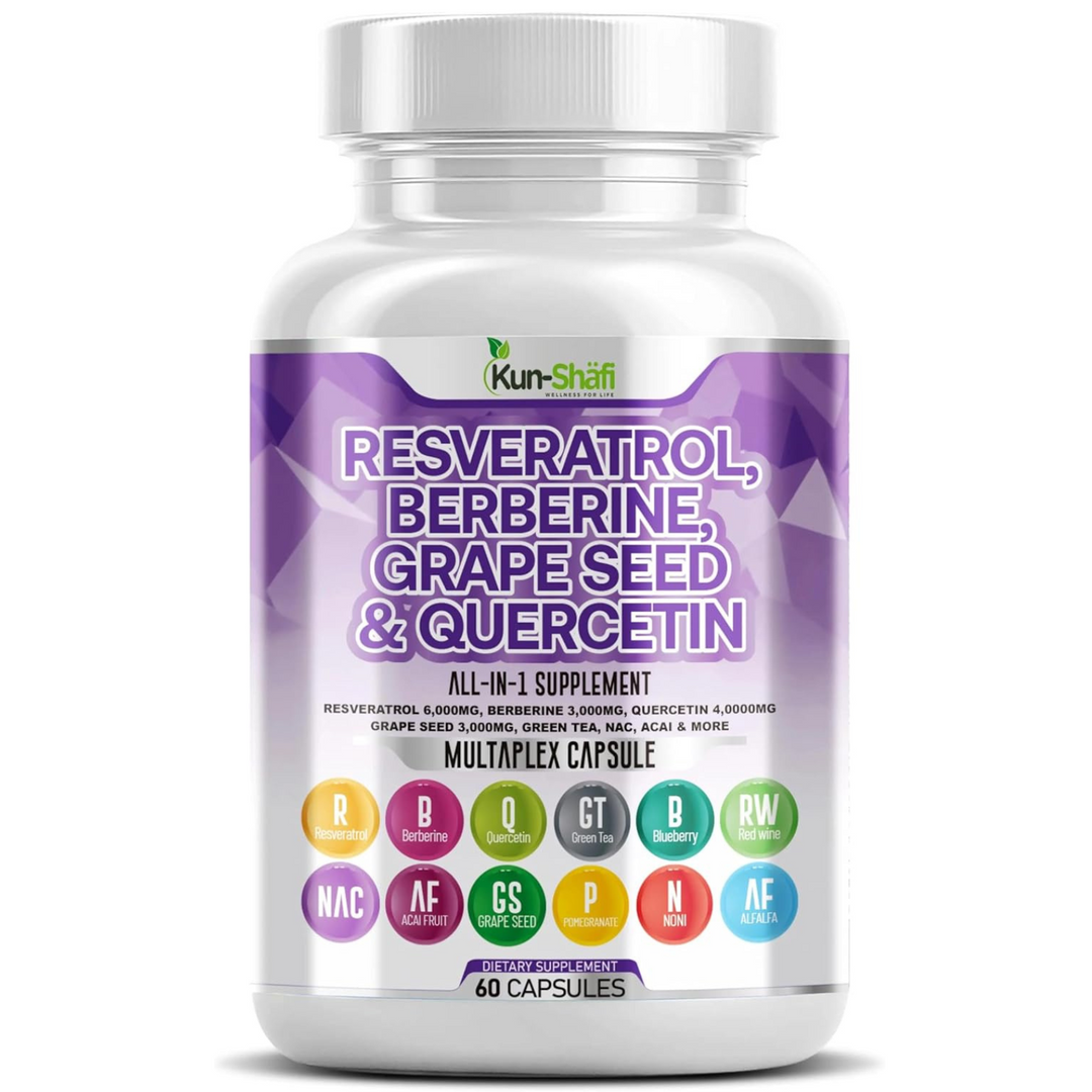 Resveratrol & Berberine Supplement with Grape Seed, Quercetin, Green Tea & Acai Extract – Antioxidant, Heart & Immune Support – Pack of 2 (120 Caps)